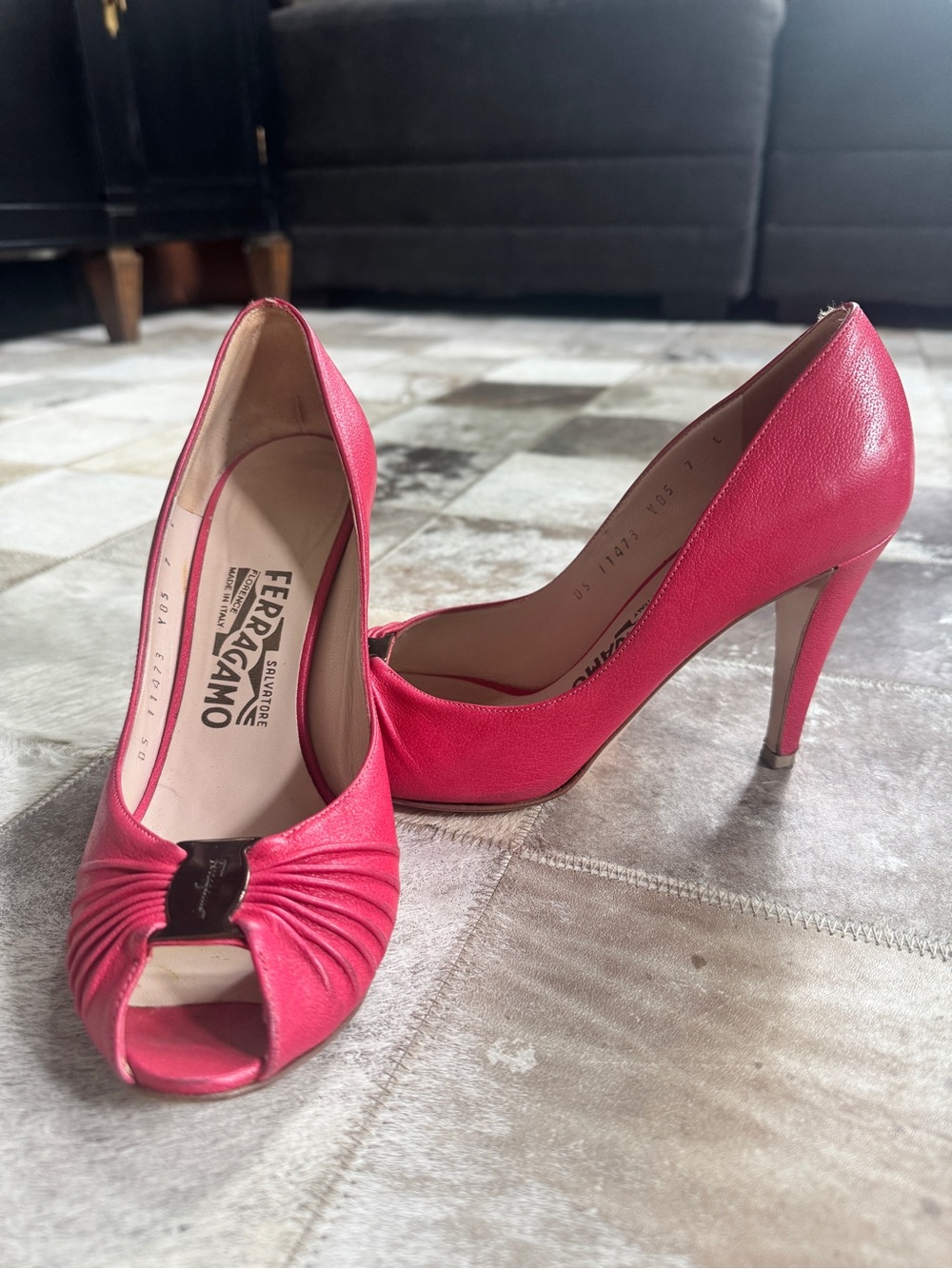 Salvatore Ferragamo Hot Pink Peep-Toe Leather Pumps